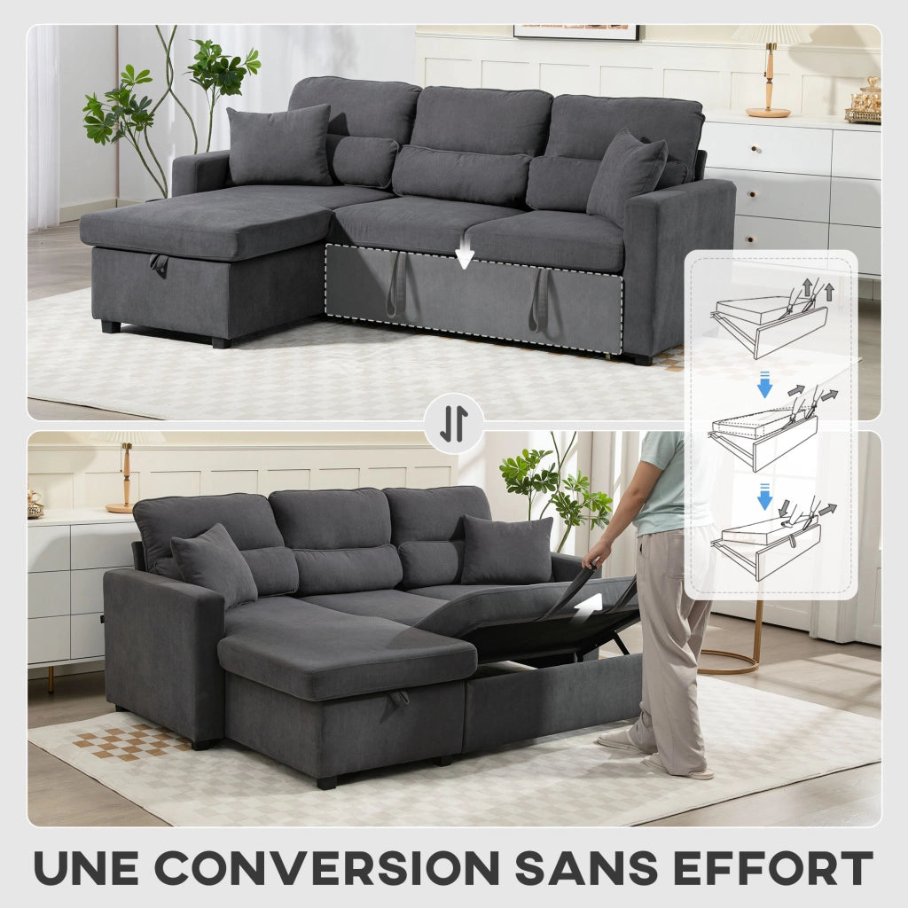 Divano letto angolare in velluto con contenitore e cuscini ¨C zephmum ¨C grigio 205x135x76 cm