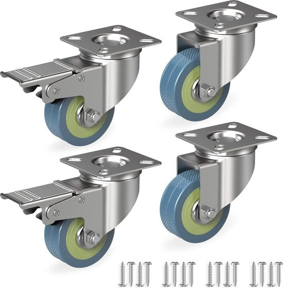 Set di 4 ruote per mobili, 50 mm, ruote pesanti fino a 50 kg per ruota, 2 ruote con freno, ruote inclinabili per interni, ruote inclinabili stabili, ruote per trasporto con righe.