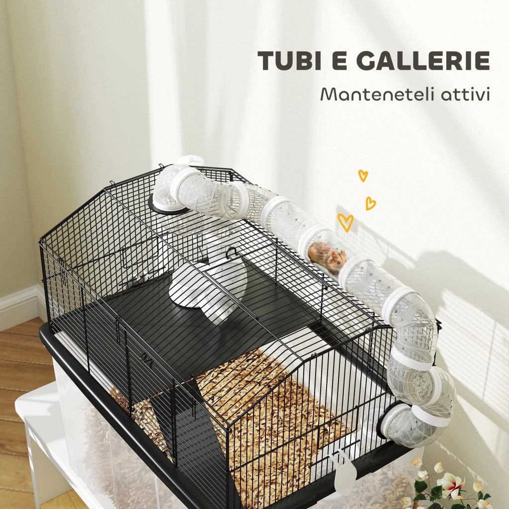 Gabbia per Criceti a 2 Piani 58x43x57 cm con Rampa e Accessori Nero