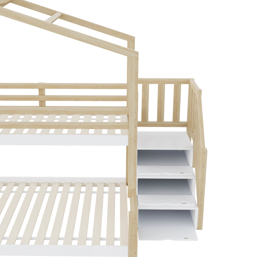Letto a castello 3 posti con scala contenitore; finestra e sponde 90 × 200 cm e 140 × 200 cm senza materasso
