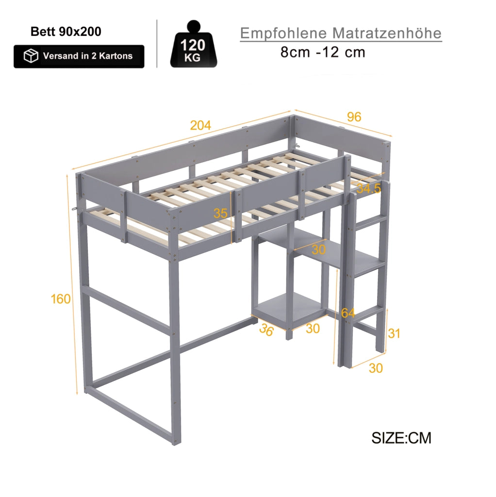 Letto a soppalco grigio 90 x 200 cm in legno con ripiano