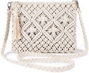 Borsa a Tracolla per Donna Tessuta Estate Mare Borsa a Tracolla con Pizzo Lino Piccola Borsa Portafoglio con Cerniera e Tasca per Vacanza Festa Appuntamento Beige