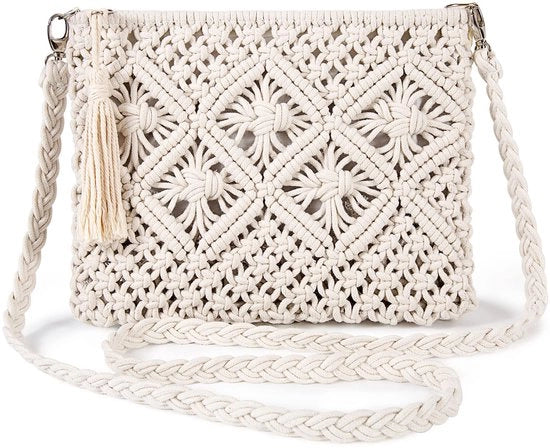 Borsa a Tracolla per Donna Tessuta Estate Mare Borsa a Tracolla con Pizzo Lino Piccola Borsa Portafoglio con Cerniera e Tasca per Vacanza Festa Appuntamento Beige