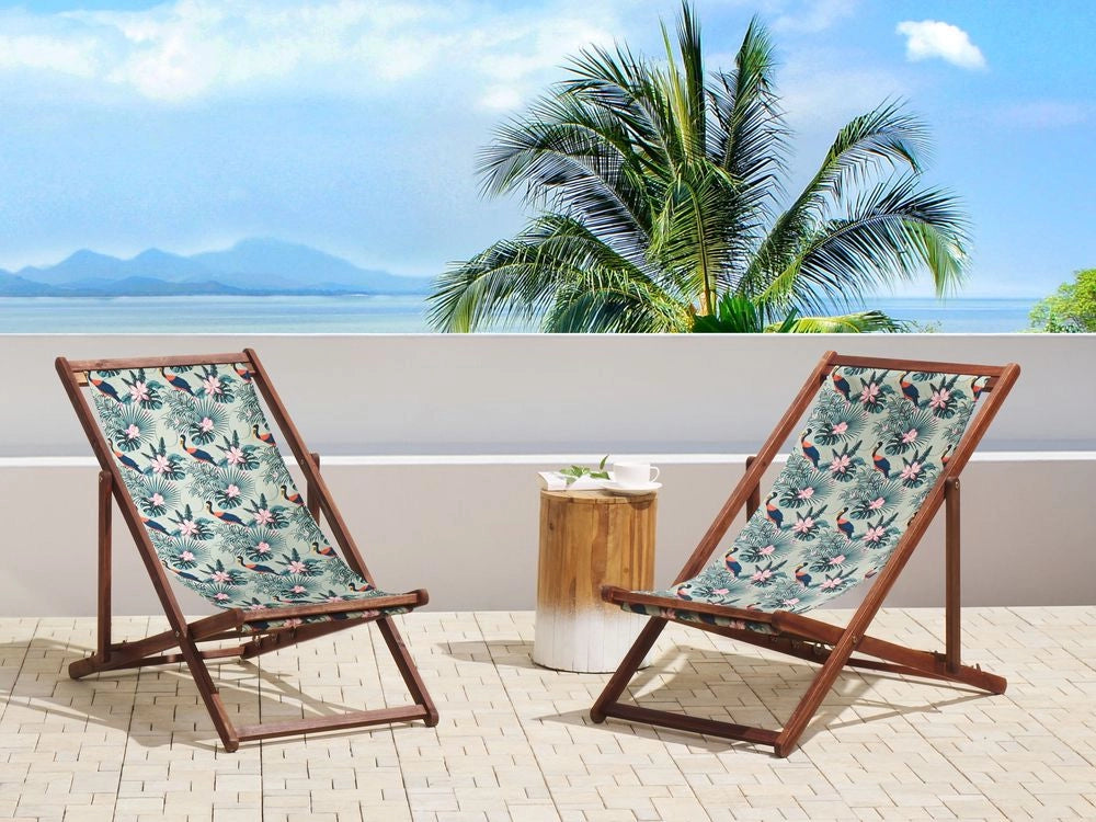Set di 2 sedie a sdraio da giardino con struttura in legno di acacia scuro con motivo pellicano sedile ad amaca reclinabile