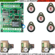 Kit Chiave di Prossimità 5 Chiavi TAG Trasponder 3 Lettori su Modulo LAN Universale 501/503 RJ45 Alimentazione 12/24 Vac Relè Scambio 2 A 24 V Funzione Impulsiva o Stabile Segnale di Stato 4 Led GRVB