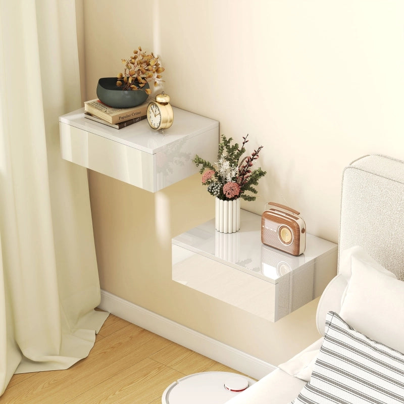 Set di 2 comodini a parete con cassetto, per camera da letto, in truciolato, bianchi