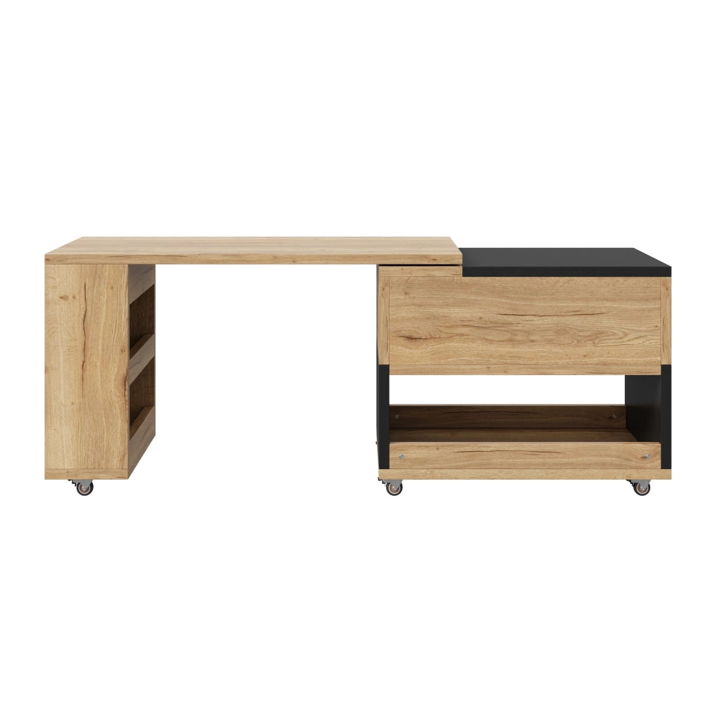 Tavolino da salotto estensibile, pannello laterale girevole a 360¡ã, piano regolabile in altezza, dotato di rotelle, disponibile nei colori legno naturale e nero