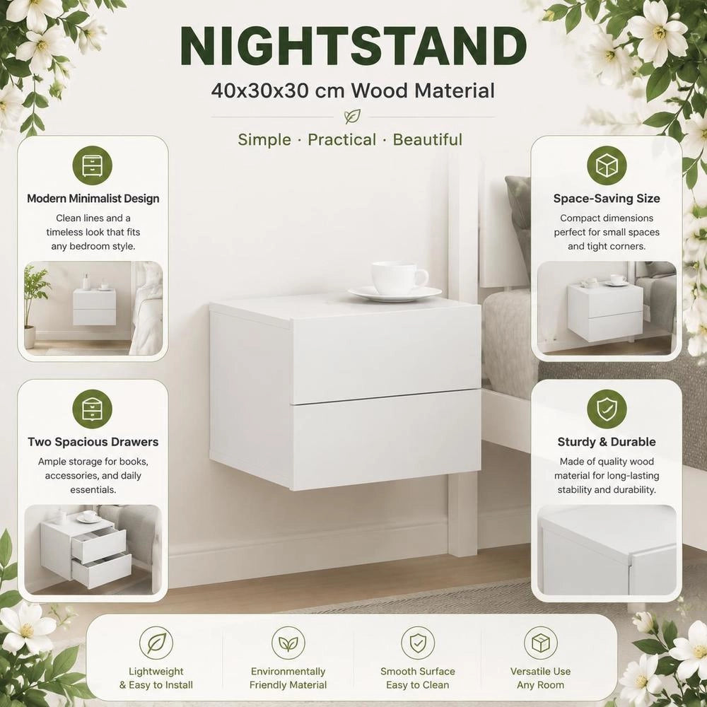 White Bedside Table, 40x30x30 Cm, Made Of Engineered Wood