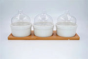 Antipastiera Ciotoline in Ceramica con Base in Legno 3 Coppette con Coperchi