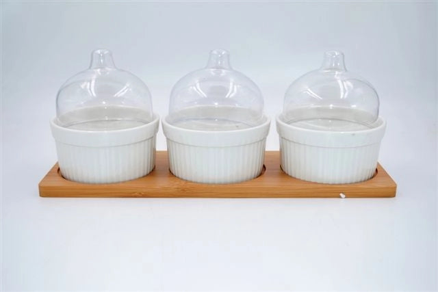 Antipastiera Ciotoline in Ceramica con Base in Legno 3 Coppette con Coperchi