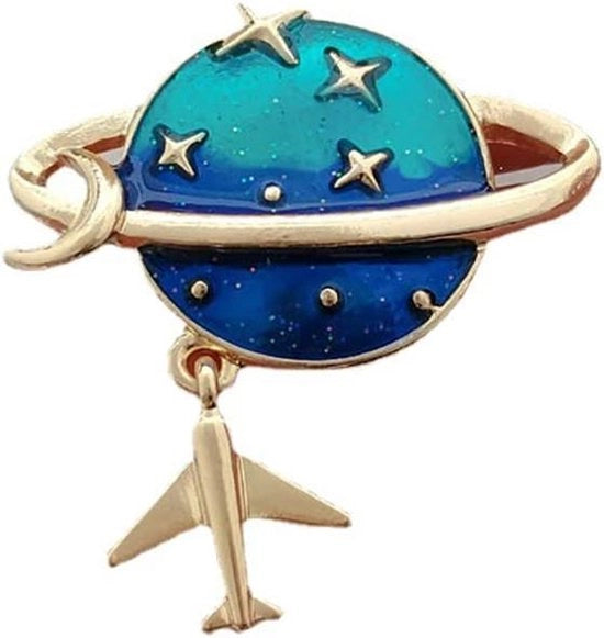 Broche in forma di pianeta azzurro con mezzaluna e stelle, ematite per corsetti e giacche per donne e ragazze.