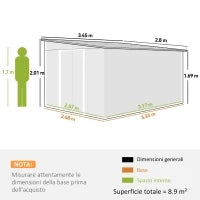 Casetta da Giardino con Porta Scorrevole, in Acciaio, 345x280.5x169-201cm, Verde