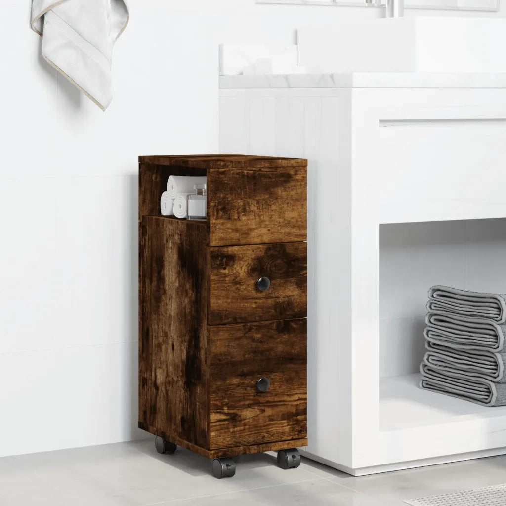 Mobile da Bagno | Armadio da bagno Stretto con Ruote Rovere Fumo in Truciolato