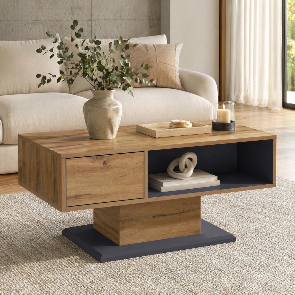 Tavolino da salotto moderno 100 x 50 x 46;5 cm con doppio vano portaoggetti; rovere e grigio