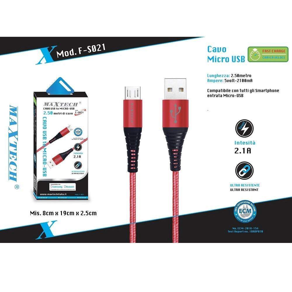 Trade Shop - Cavo Micro Usb A Usb Ricarica Dati Per Smartphone Samsung Huawei Maxtech F-s021 -