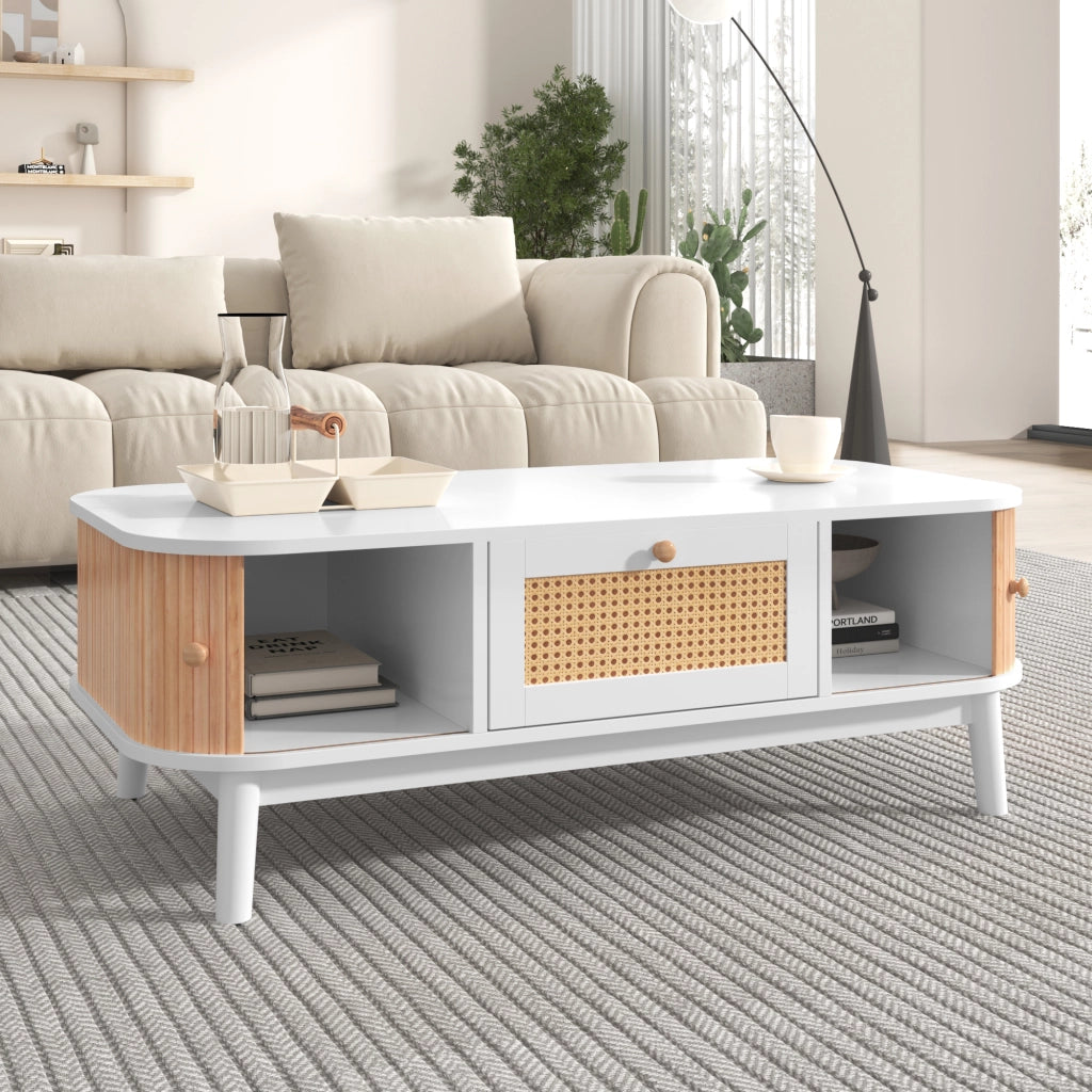 Tavolino da caffè 110x55x38.5 cm; con ampio spazio contenitore; MDF; bianco e colore naturale
