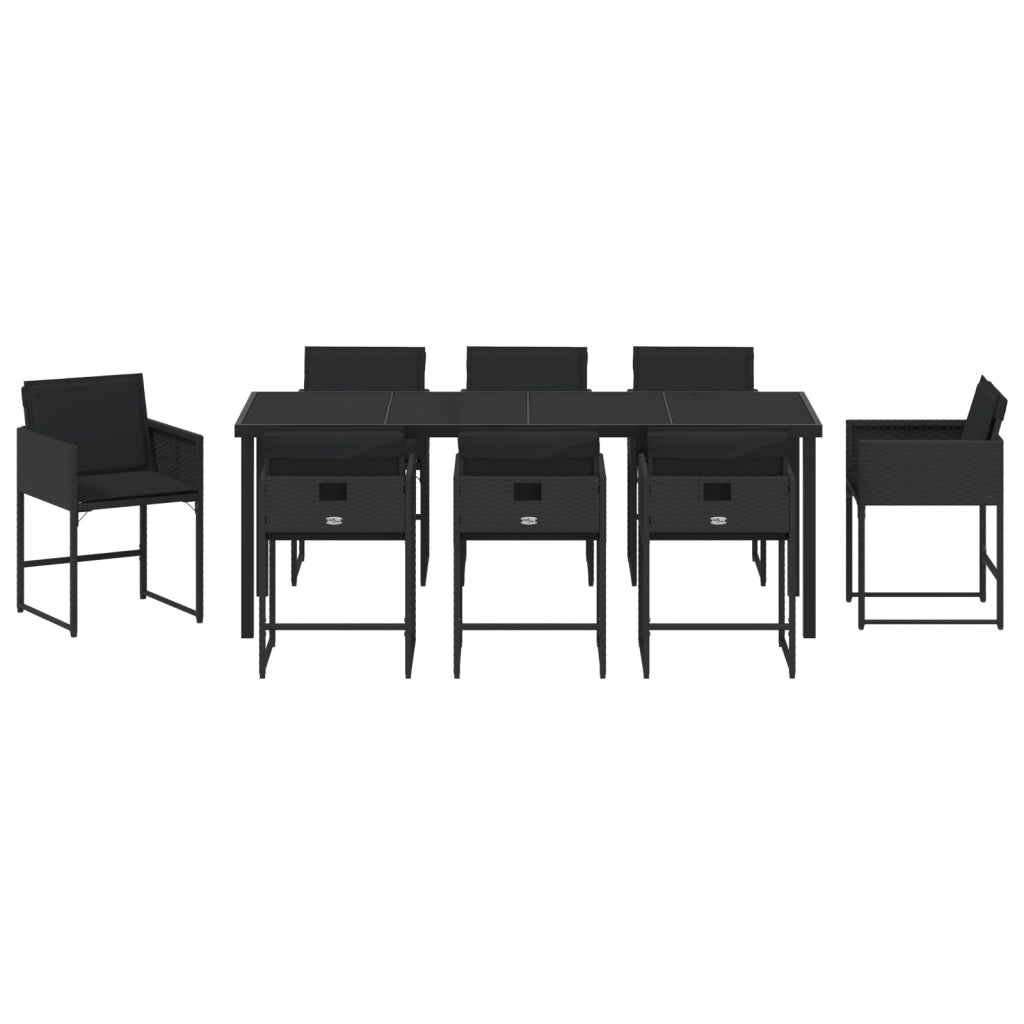Set da Pranzo da Giardino 9 Pezzi con Cuscini Nero Rattan Polimerico