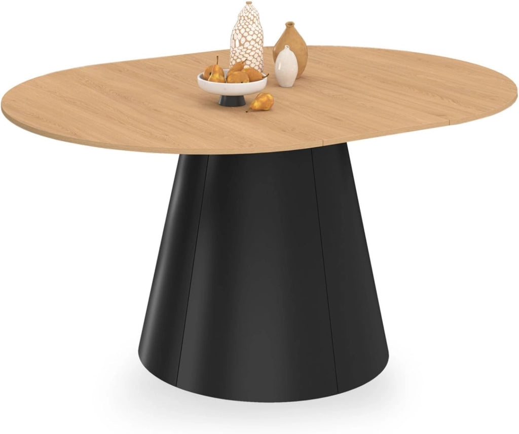 Tavolo da pranzo rotondo allungabile ANGELE, 4-8 posti a sedere, legno effetto faggio e gamba nera, 110-150 cm
