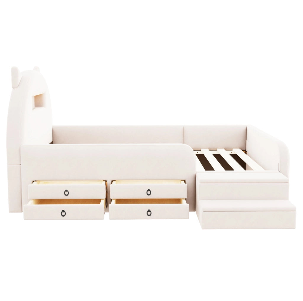 Letto imbottito per bambini 90x200 cm con contenitore; luce notturna e USB in velluto beige
