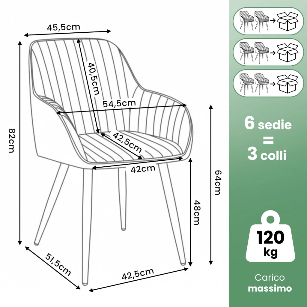 Set di 6 Sedie in velluto con cuciture verticali FLORENCE Grigio gambe nere