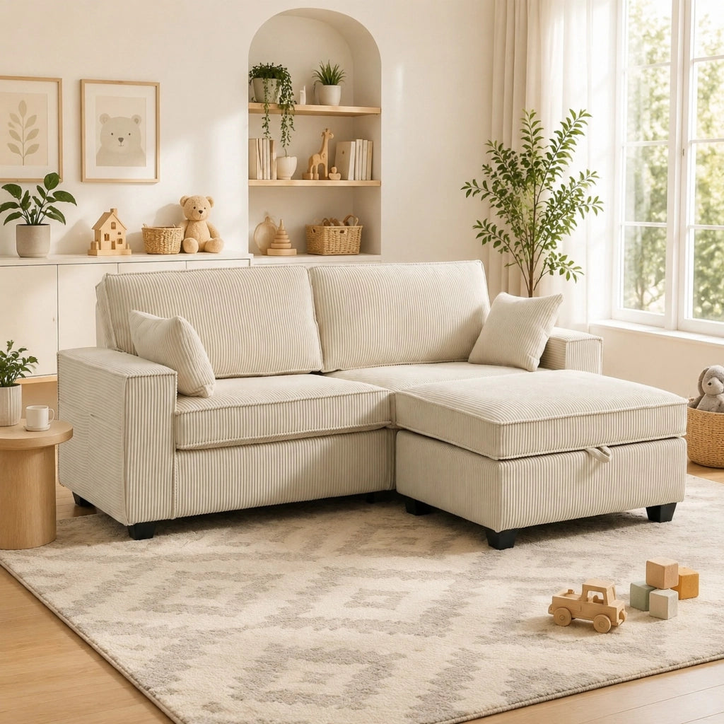 Divano angolare 3 posti in velluto a coste con pouf contenitore beige