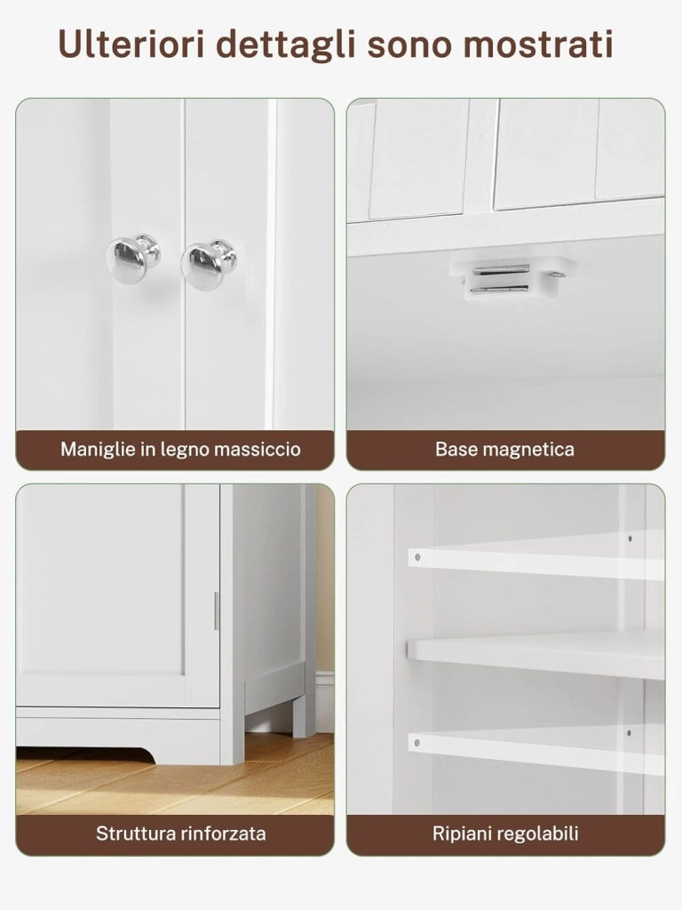 125cm Mobile Bagno, Mobiletto Salvaspazio con 2 Cassetti & Mensola Regolabile, Cassettiera per Bagno, Soggiorno, Ingresso, 60x30x125 cm, Bianco