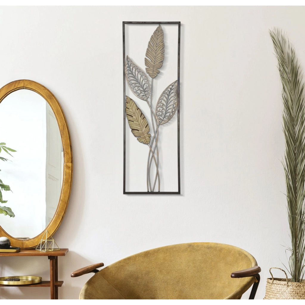 Decorazione in Metallo 3D Foglia 53, Oro, Metallo, 30,5x1,9x91 cm