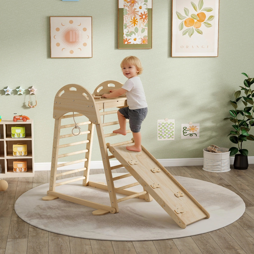 Struttura di arrampicata Montessori con scala e scivolo in legno ¨C zephmum ¨C naturale