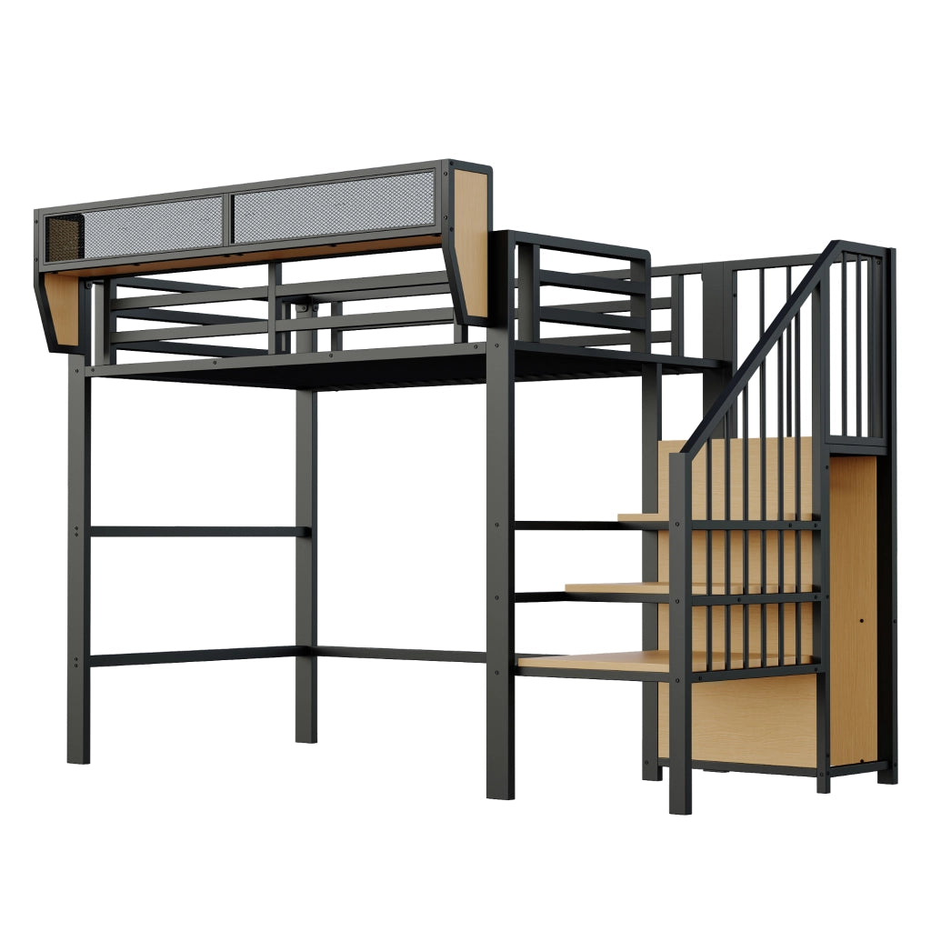 Letto a soppalco singolo 90×200 cm con scala di sicurezza e ripiano; senza materasso; metallo; nero