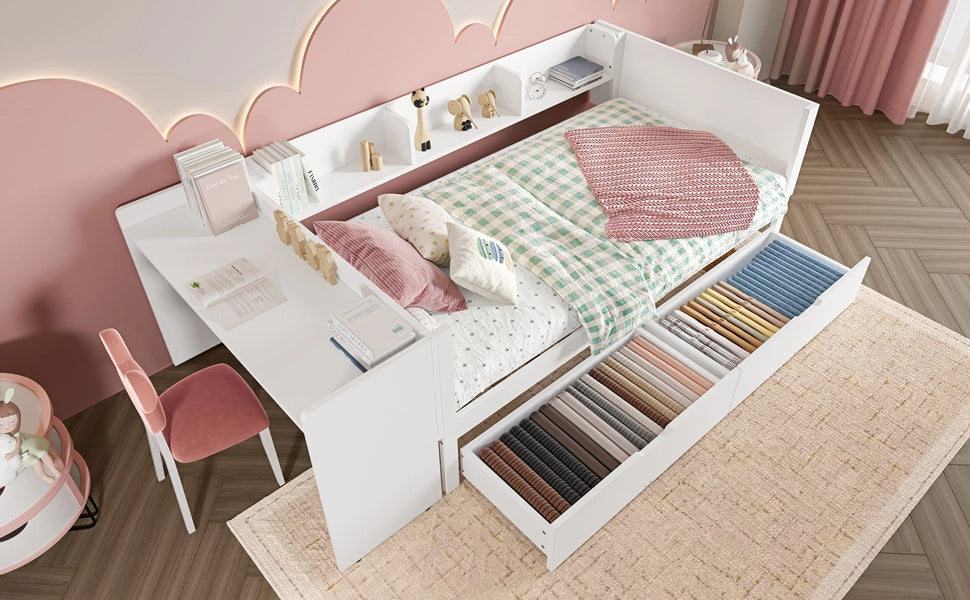 DESMIU Letto singolo 1 posto con scrivania, 2 cassetti e 3 ripiani 90 × 200 cm, senza materasso, pino, bianco