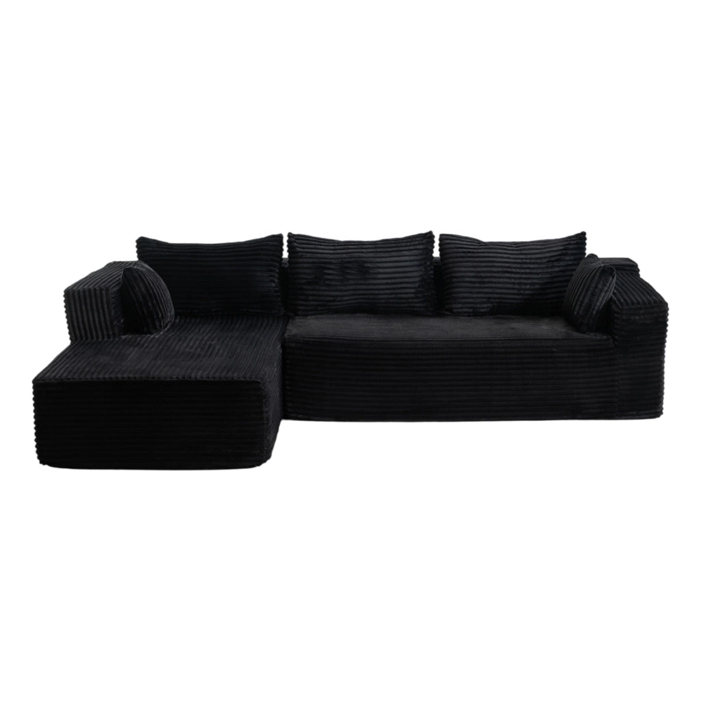 Divano modulare angolare a L con chaise longue in velluto a coste nero