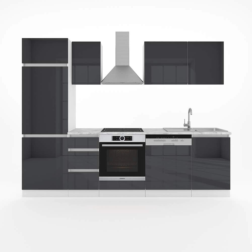 Cucina componibile Optima, Antracite lucido/bianco, 270 cm senza piano di lavoro, senza maniglie, per l'espansione personalizzata e la disposizione flessibile dei moduli