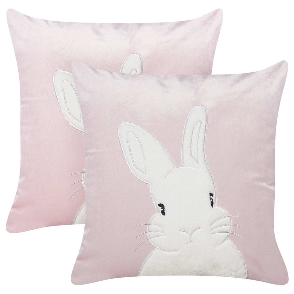 Set di 2 cuscini in velluto ricamati con motivo con coniglietto rosa 45 x 45 cm morbida imbottitura