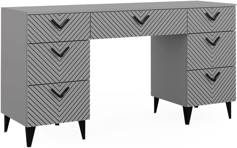 Scrivania Anett, Grigio, 150 x 45 cm con 7 cassetti, adatto per l'uso come postazione di lavoro o ufficio domestico