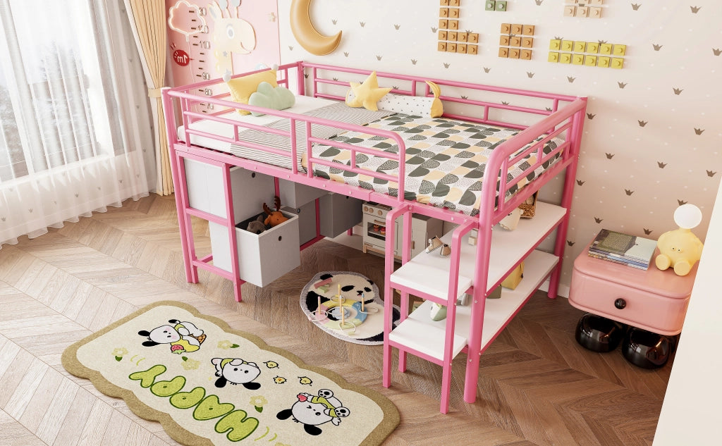 DESMIU Letto a soppalco per bambini 1 posto con scala larga, cassetti e ripiani, 90 × 200 cm, senza materasso, rosa
