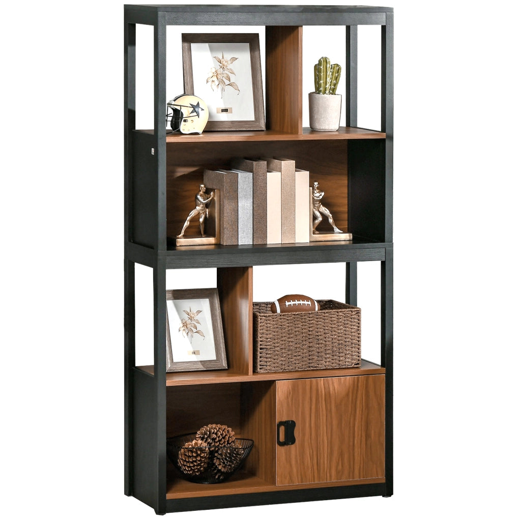 Mobile Libreria 4 Livelli Aperti con Armadietto, in Truciolato e MDF, 76.5x30x150 cm, Marrone e Nero