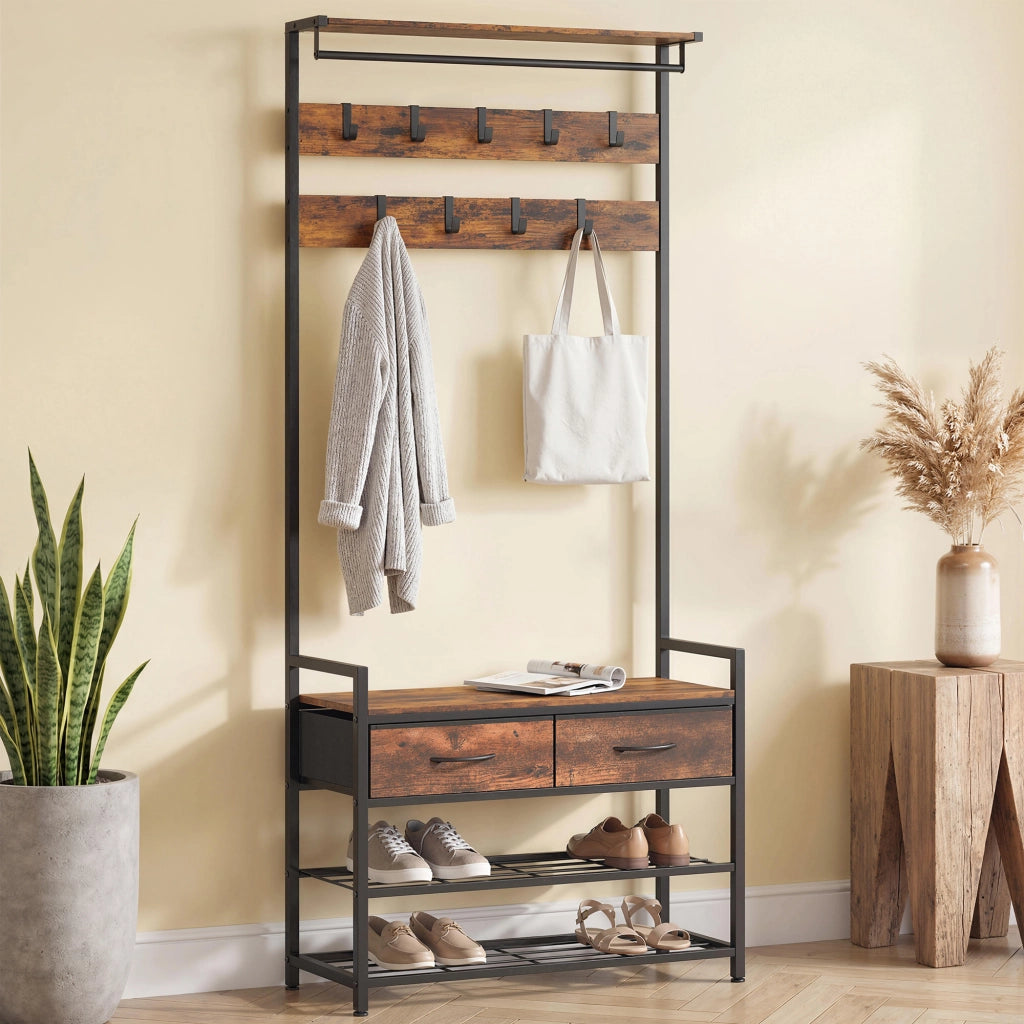 Appendiabiti con panca e scaffale per scarpe ¨C Minimal ¨C Marrone, metallo, 80x40x180 cm