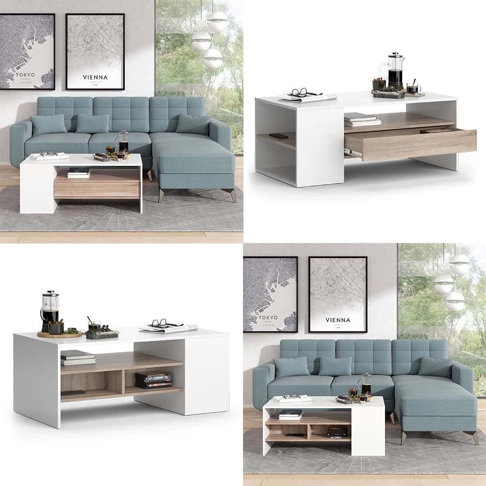 Tavolino Fabien, Bianco, 110 x 60 cm, con ripiani aperti per organizzare gli accessori per la casa