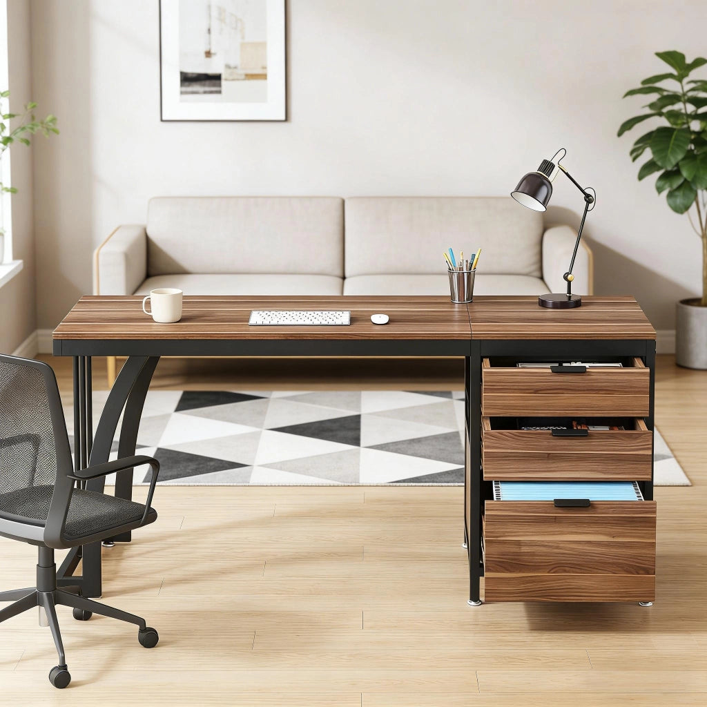 Scrivania lineare con 3 cassetti e piano ampio gambe regolabili per ufficio e studio in metallo e legno noce da lavoro