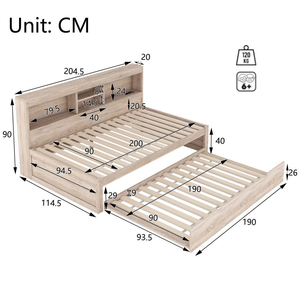 Letto da giorno estraibile 90x200 cm con LED, USB e vano laterale