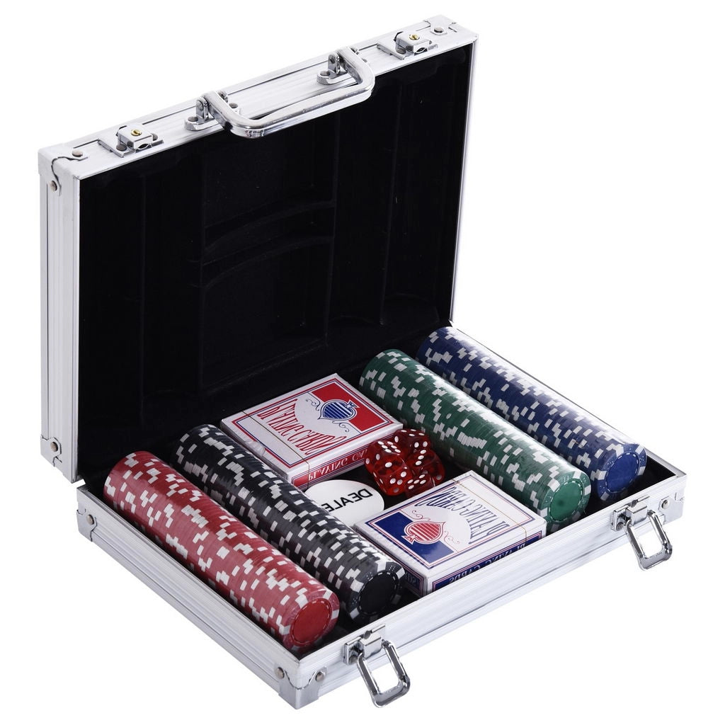 VALIGETTA POKER PROFESSIONALE IN ALLUMINIO, SET CON 200 FICHES E 2 MAZZI PER TEXAS HOLD'EM E BLACKJACK