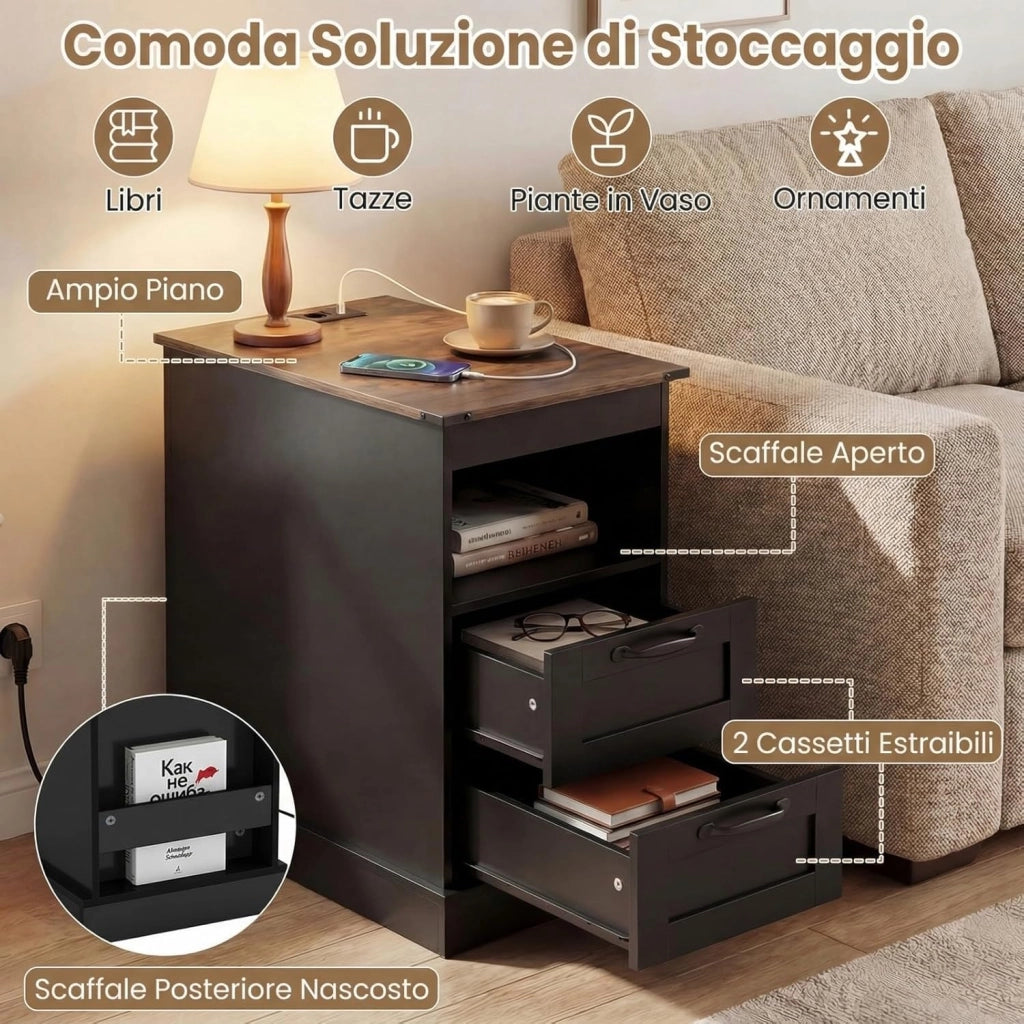 Tavolino con Cassetti e Stazione di Ricarica, Comodino con Mensola Aperta, 2 Cassetti, 2 Prese AC, Porta USB e Porta Type-C, Tavolino da Divano e Letto per Salotto e Camera da Letto (Nero)