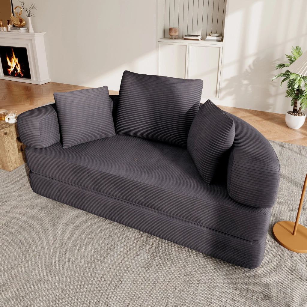 Divano letto pieghevole senza molle in velluto a coste con 3 cuscini e schienale alto nero 173 × 176 cm