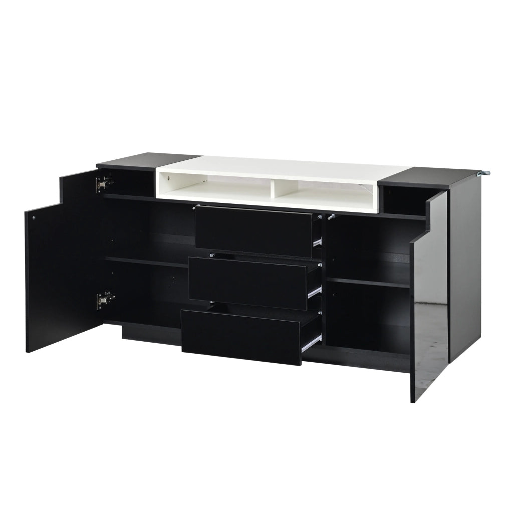 Credenza con 2 ante e 3 cassetti; illuminazione LED; per soggiorno; 140x40x68 cm; nera
