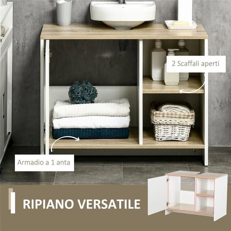 MOBILE BAGNO SOTTOLAVABO CON ARMADIETTO E 2 MENSOLE 77X45X60CM BIANCO E LEGNO