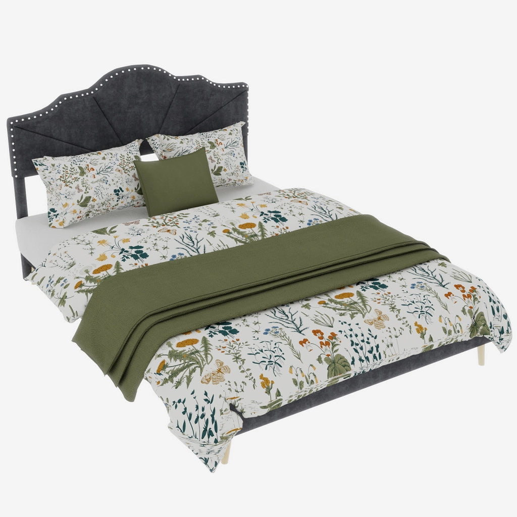 Letto Matrimoniale 160x200 cm con Testiera Geometrica; in Tessuto e Metallo; Grigio