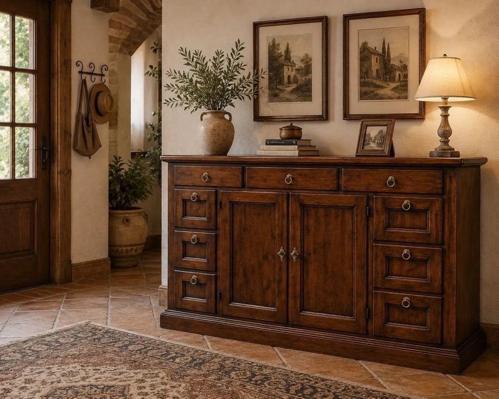Madia credenza in legno massello tinta noce 2 ante 9 cassetti 160x45x95 cm - Mobili 2G