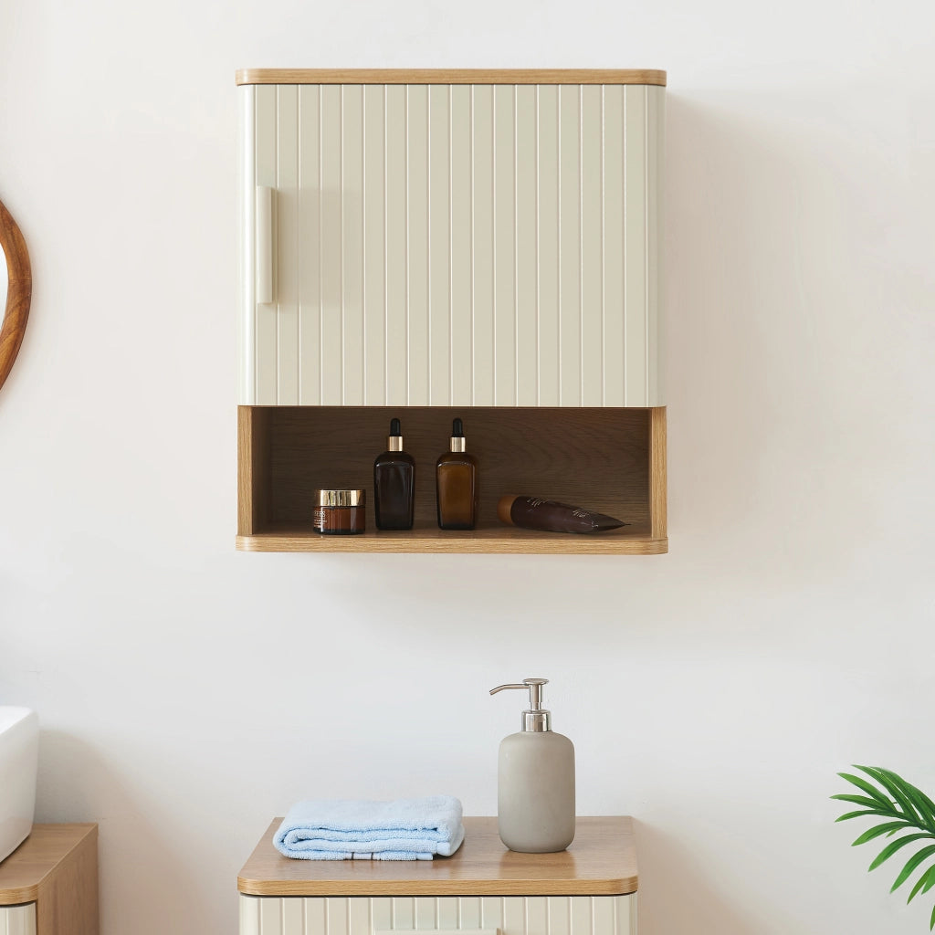 Armadietto a Muro Ferrersp per Bagno Mobile da Parete 50 x 45 x 24 cm - Effetto Rovere / Avena Oatmeal [en.casa]