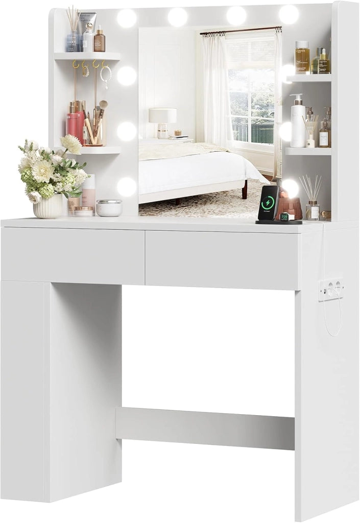 Tavolo da Trucco con Luci e Specchio, 55 x 45 cm, Comodino Moderno con Presa e Porte USB, 2 Cassetti e Scatola Laterale Regolabile, Mobile per il Make-up da Camera (Nero)