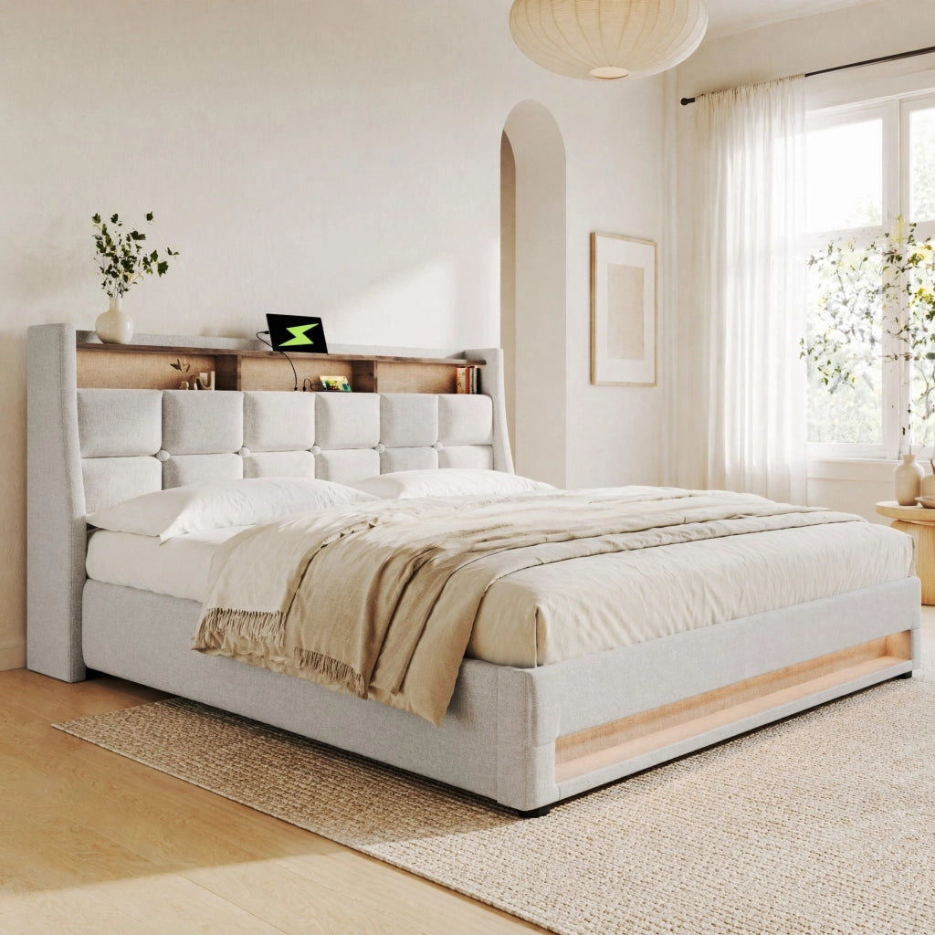 LETTO imbottito 140x200 cm Beige con LED e USB